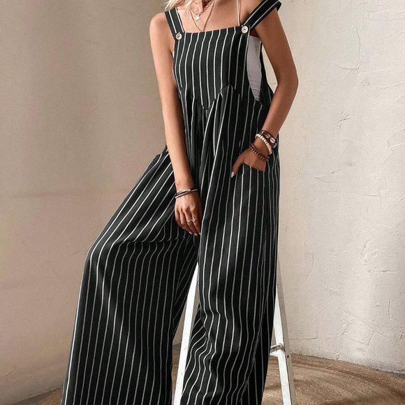 . Pants - Black Casual Womens Striped Print Slant Pocket Wide Leg Overalls Without Top